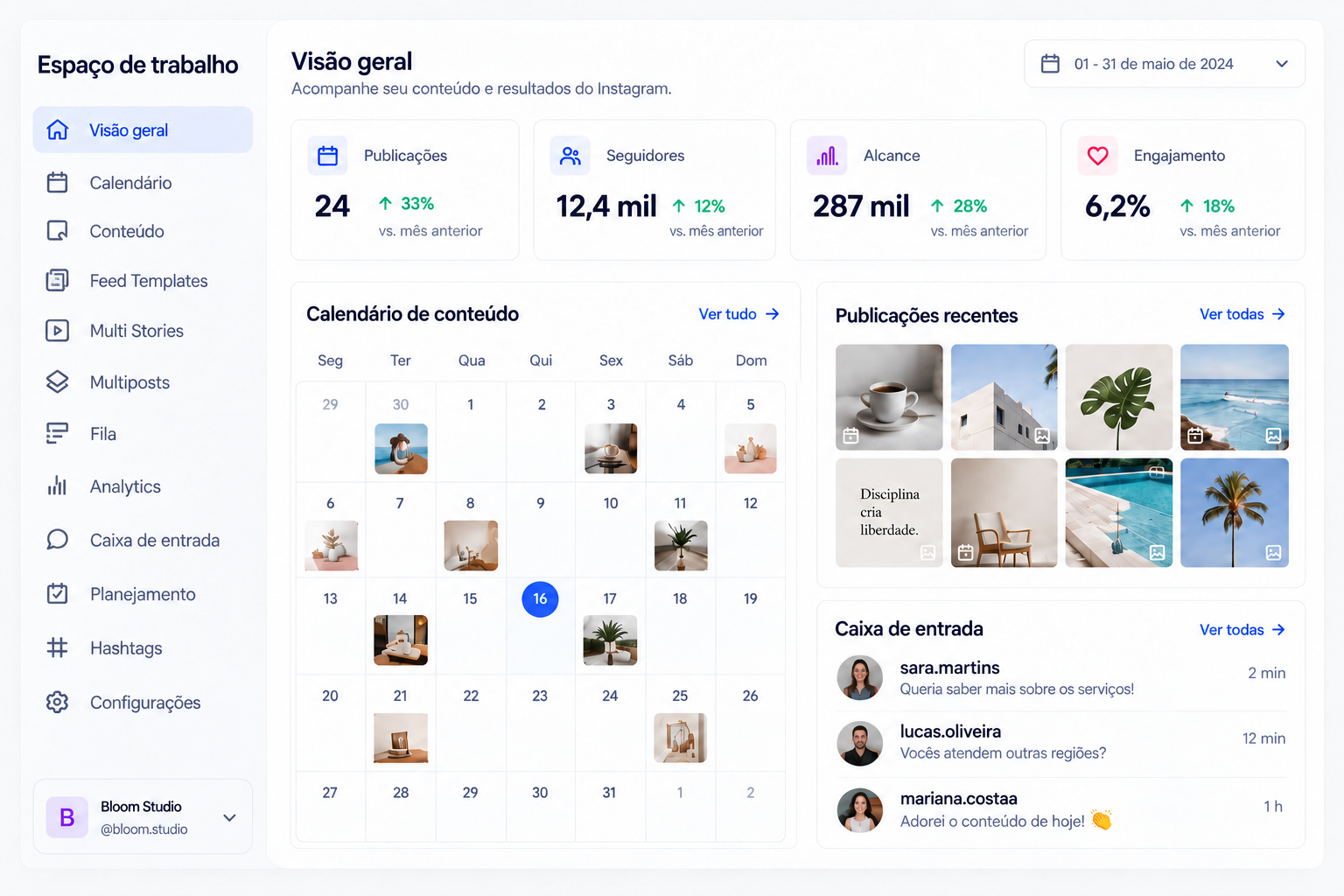 Prévia ilustrativa do painel InstaForge com calendário, publicações e mensagens